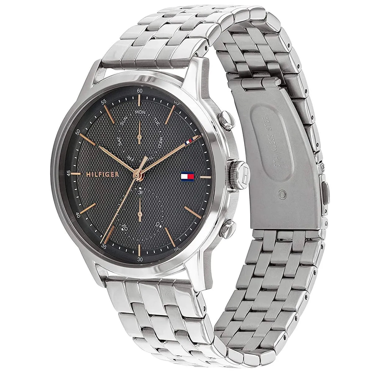Tommy Hilfiger 1710431 watch angled view showing gray dial and metal bracelet