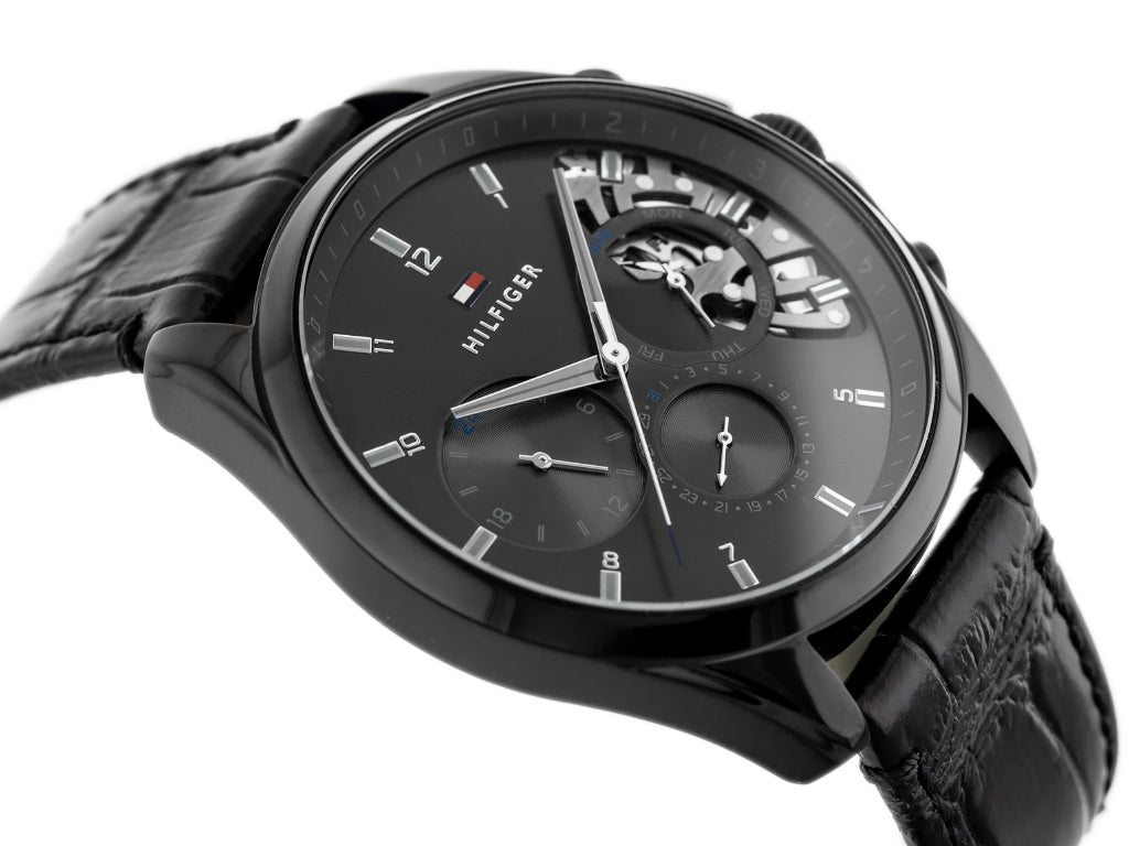 Tommy Hilfiger 1710452 men's chronograph watch showing skeleton window and subdials