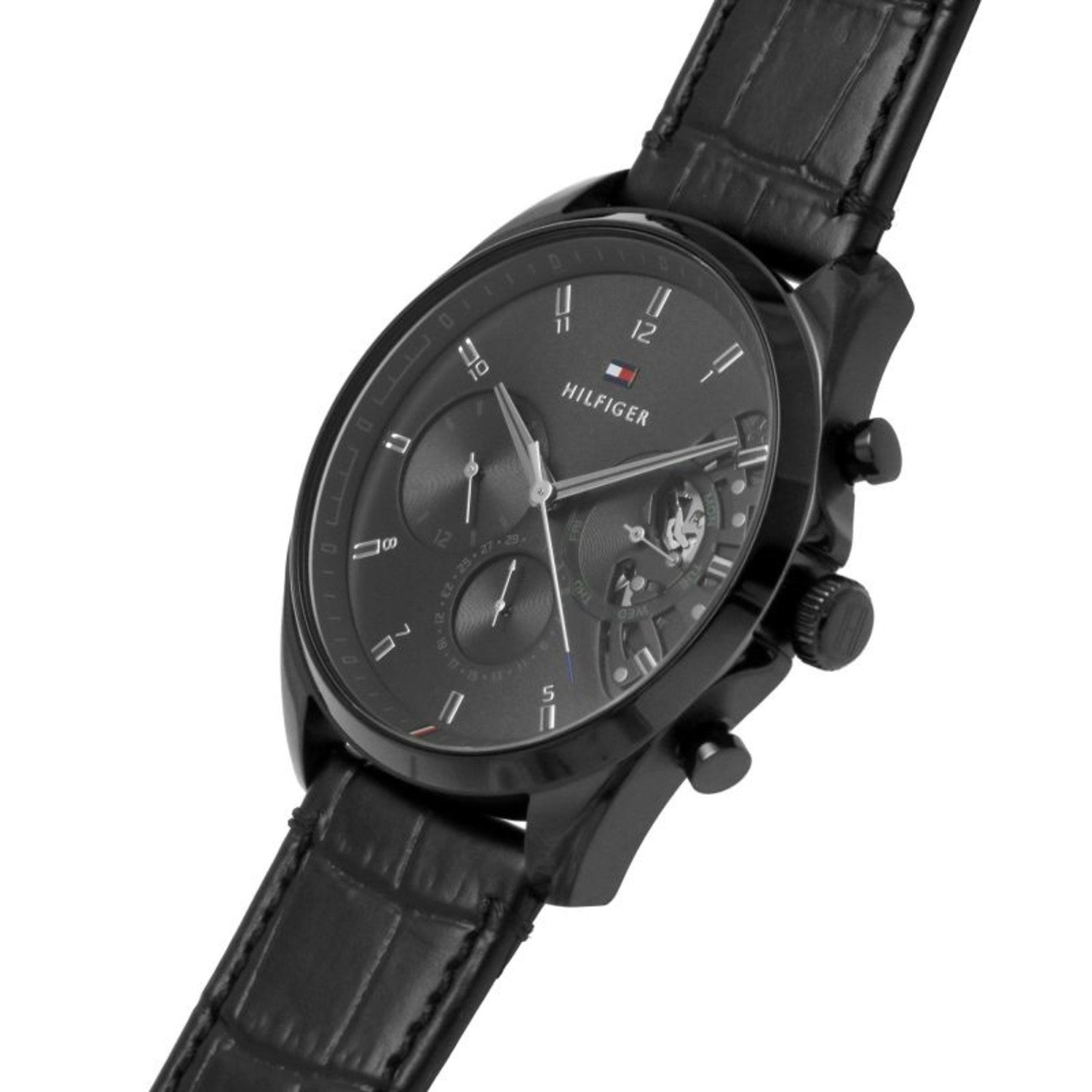 Tommy Hilfiger 1710452 chronograph watch with visible skeleton window detail on black dial