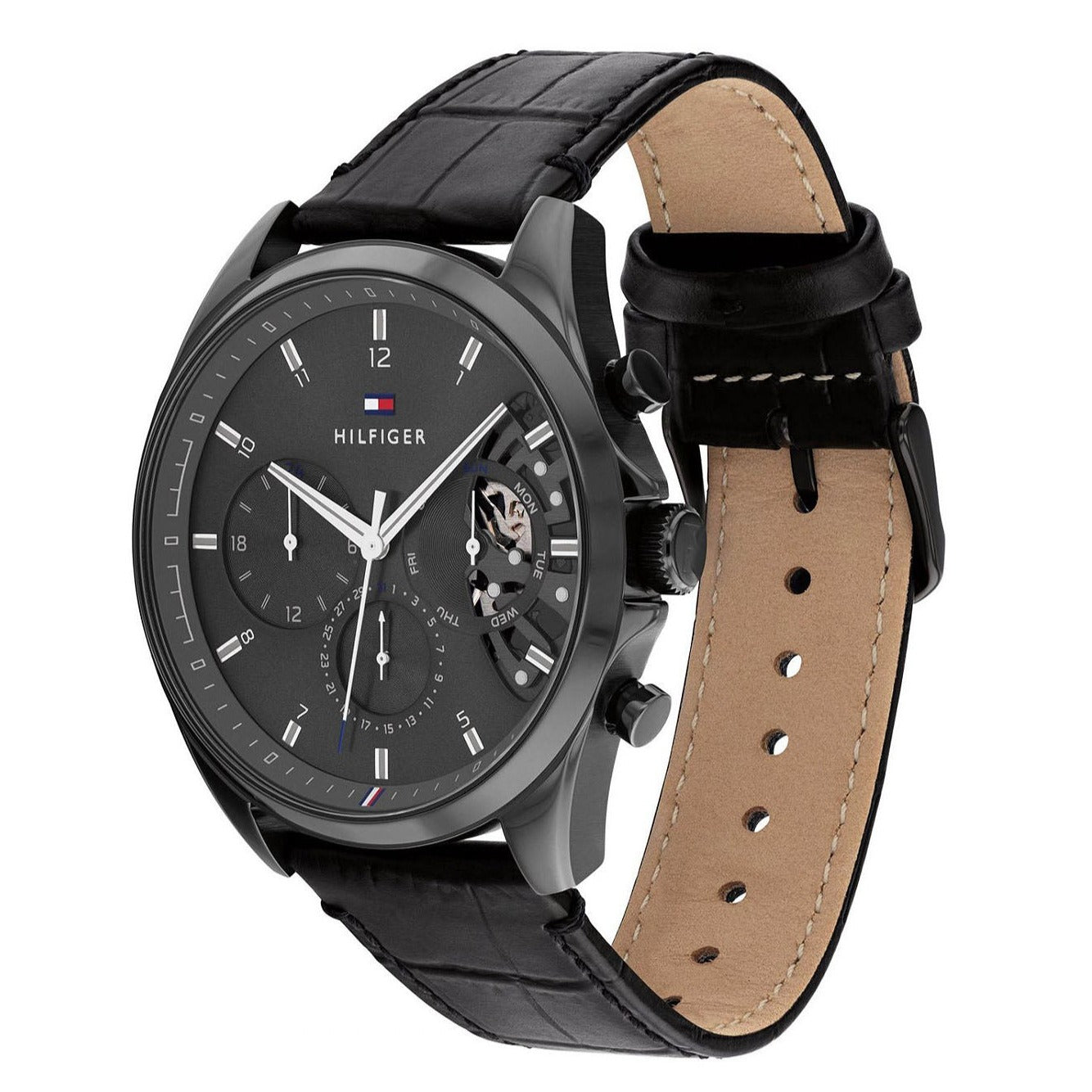 Tommy Hilfiger 1710452 watch displayed from side angle showing black leather strap and case