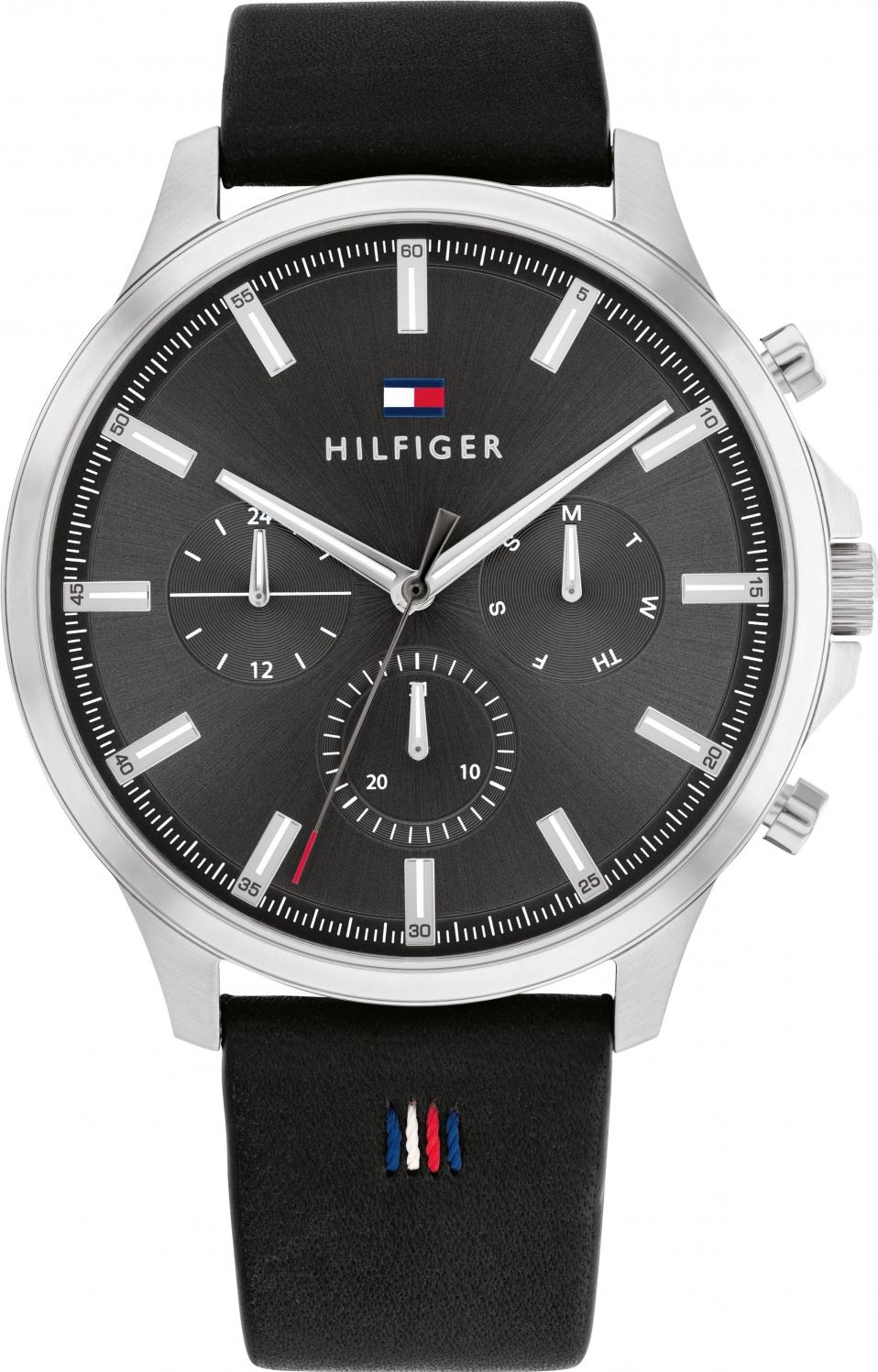 Tommy Hilfiger chronograph men's watch with black dial and black leather strap