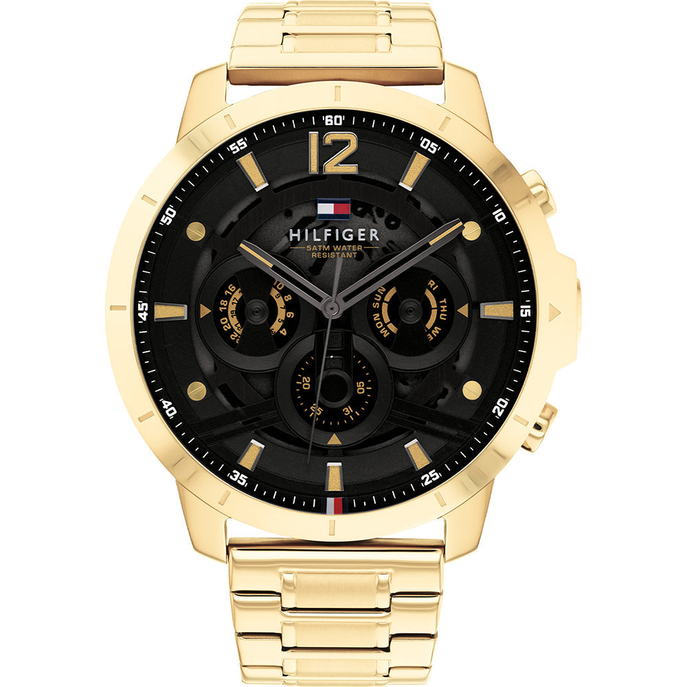Tommy Hilfiger gold steel watch with black chronograph dial and gold hour markers