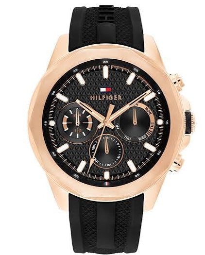 Tommy Hilfiger round black dial chronograph men's watch with rose gold case