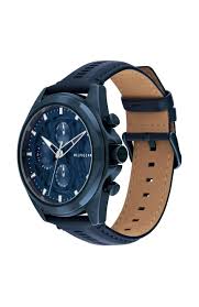 Side angle view of navy Tommy Hilfiger watch showing leather strap and case profile