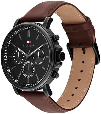 Tommy Hilfiger Dark Brown Leather Black Dial Multi-function Chronograph Men's Watch - 1710704
