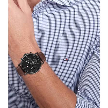 Tommy Hilfiger Dark Brown Leather Black Dial Multi-function Chronograph Men's Watch - 1710704