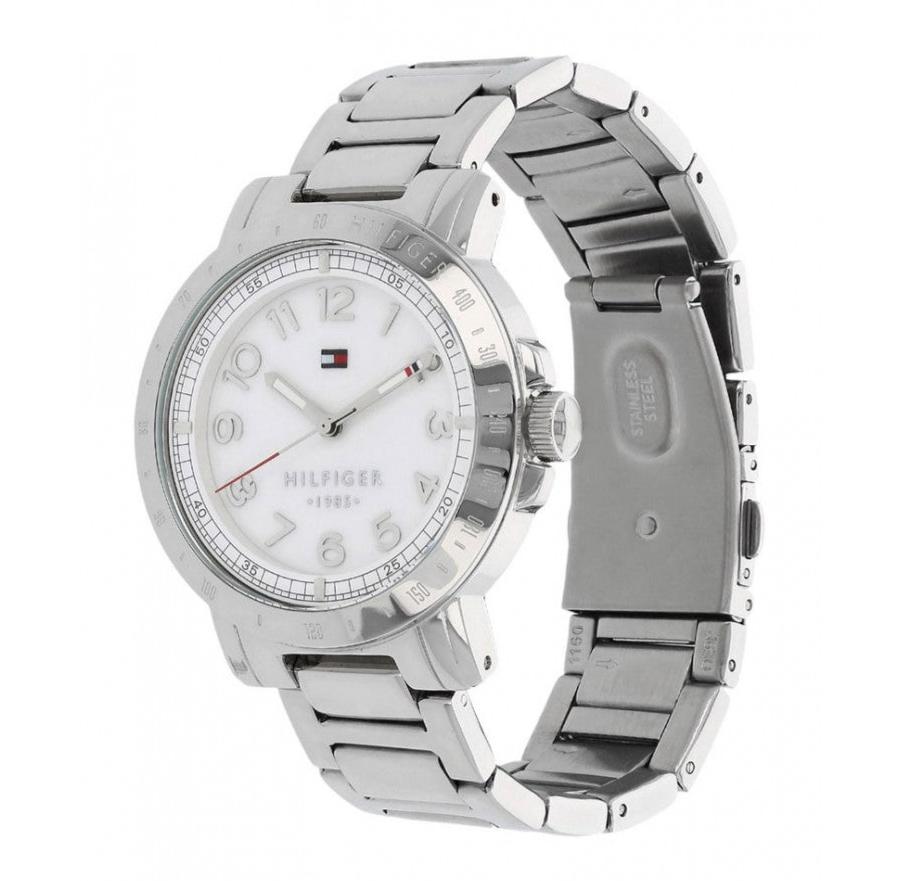 Side angle view of Tommy Hilfiger watch showing silver steel bracelet construction