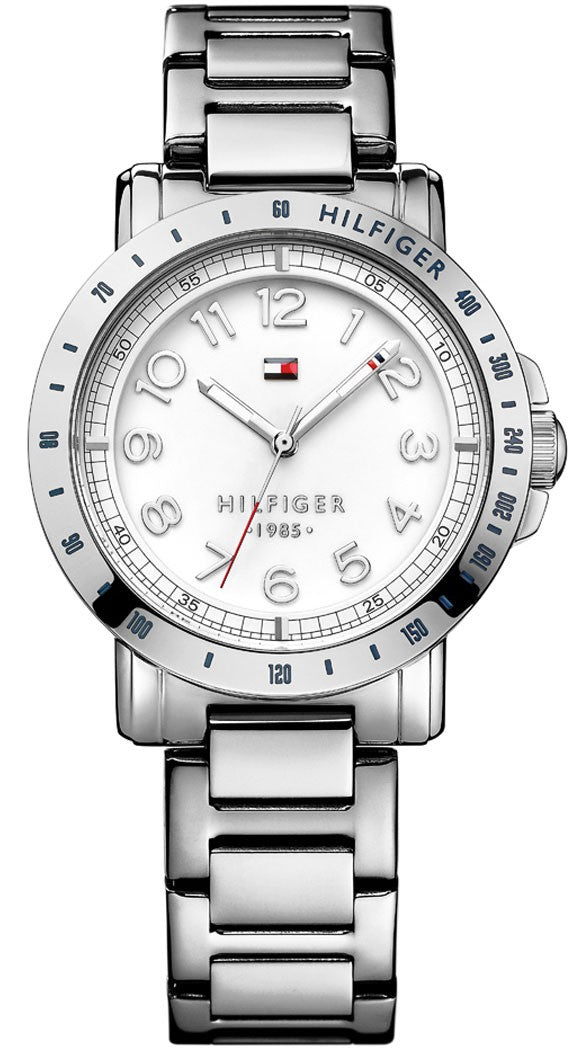 Tommy Hilfiger women's watch with white dial, silver steel bracelet, and numbered hour markers