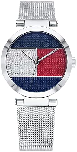 Tommy Hilfiger women's watch with navy, red, and white geometric dial and silver mesh bracelet