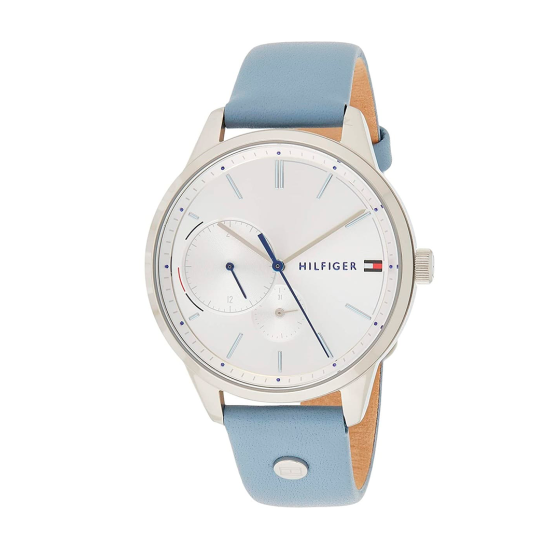 Tommy Hilfiger 1782023 three-quarter angle view showing white dial and blue strap