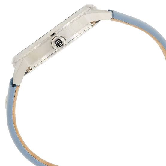 Tommy Hilfiger 1782023 watch side view showing silver-tone case and blue leather strap