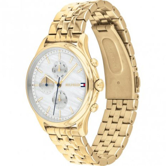 Tommy Hilfiger Whitney chronograph watch showing front dial and side profile of gold steel bracelet