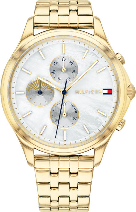 Tommy Hilfiger Whitney gold chronograph watch with mother of pearl white dial and gold steel bracelet