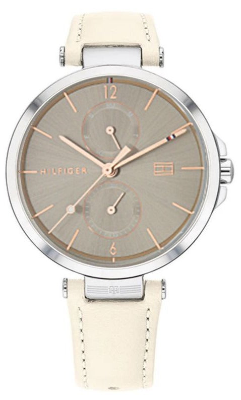 Tommy Hilfiger women's watch with taupe dial, cream leather strap and dual subdials