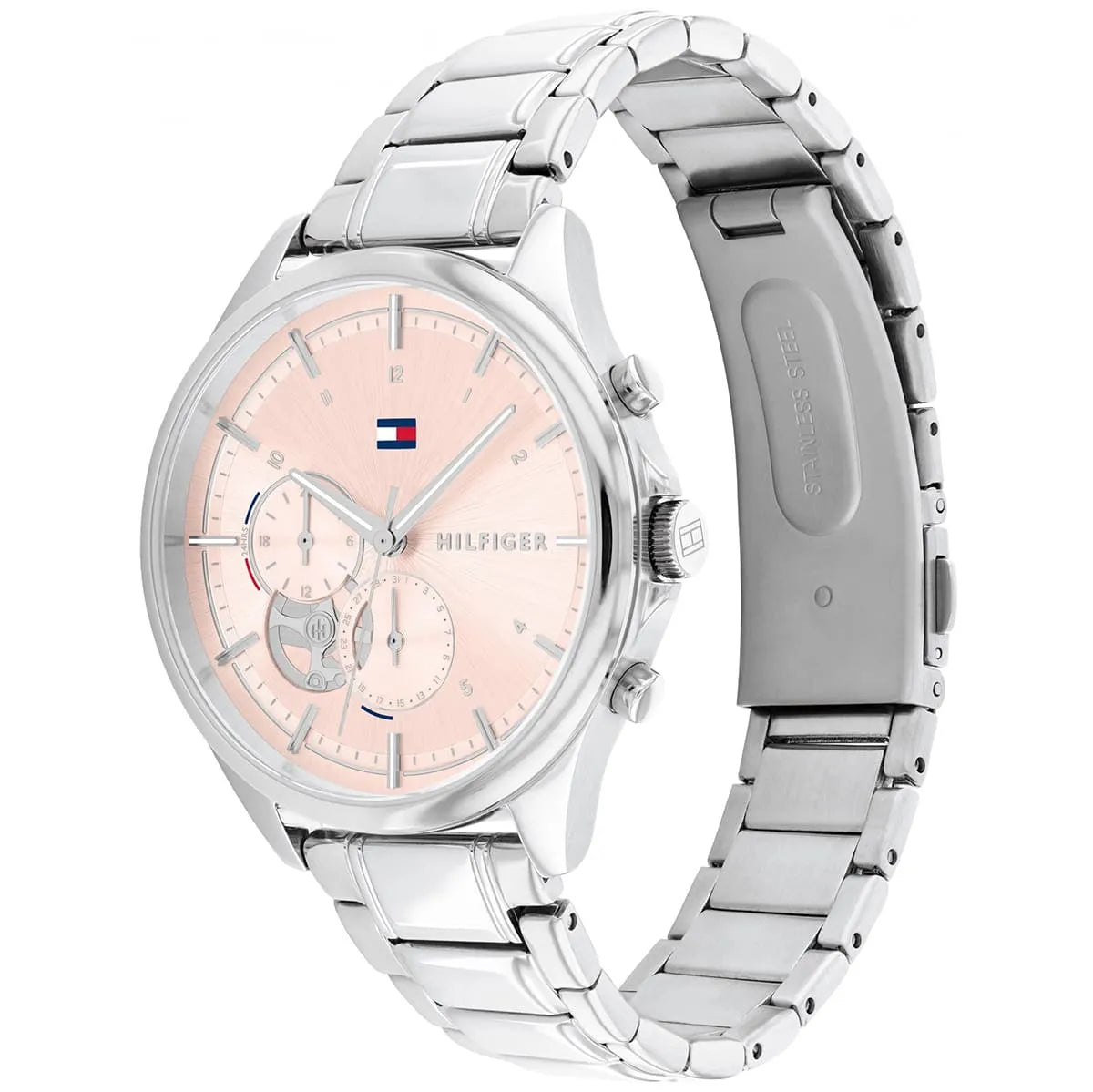 Tommy Hilfiger multifunction watch showing pink dial and silver metal bracelet from side angle
