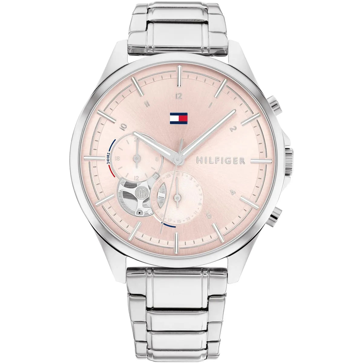 Tommy Hilfiger women's multifunction watch with pink dial and silver stainless steel bracelet