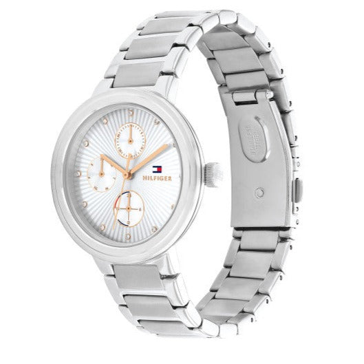 Tommy Hilfiger 1782532 women's watch side angle view showing silver bracelet and case profile