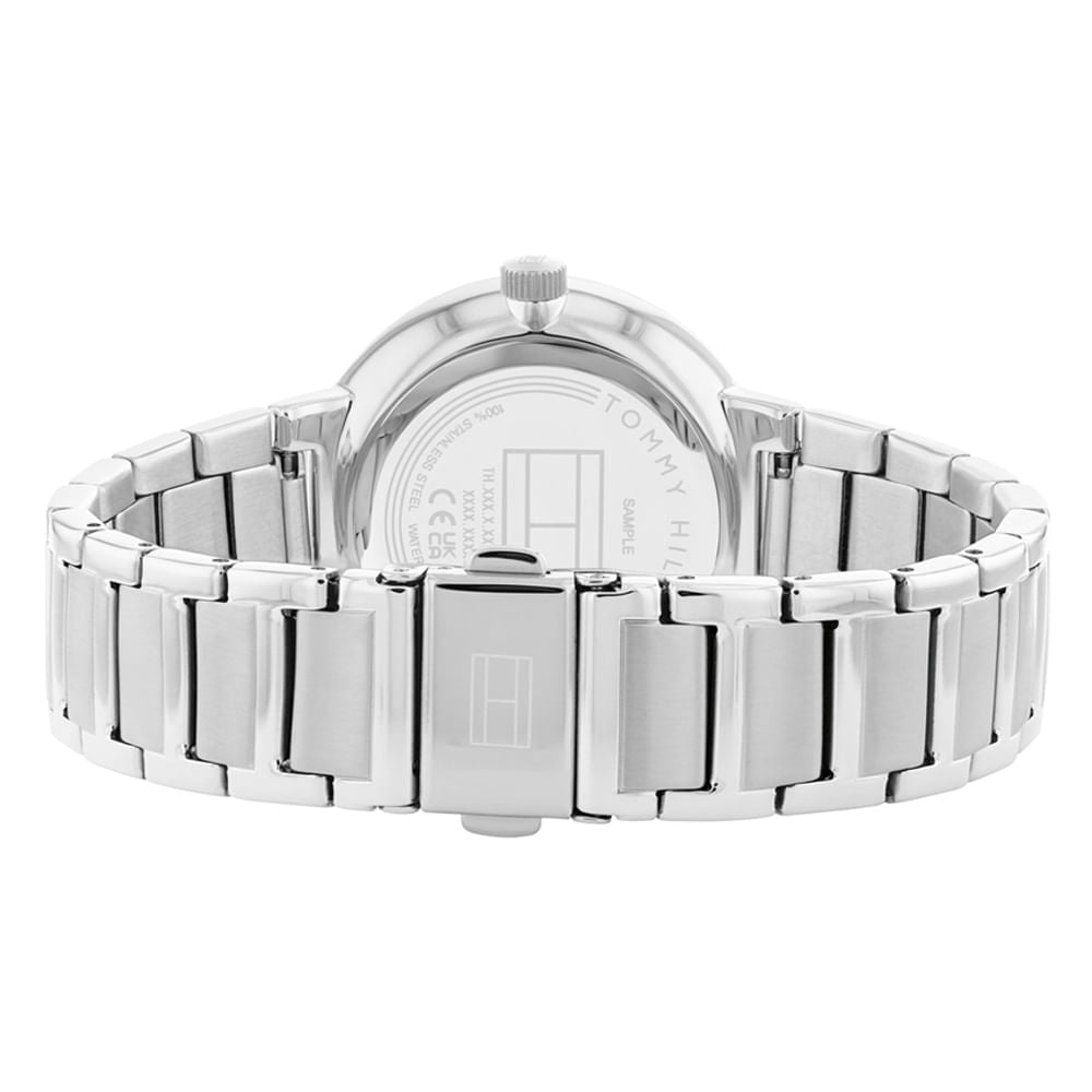 Tommy Hilfiger watch caseback showing stainless steel construction and specifications