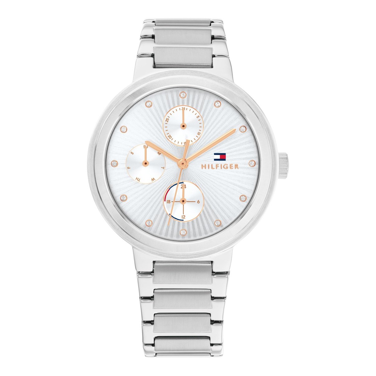 Tommy Hilfiger casual watch front view with multi-dial chronograph and rose gold accents