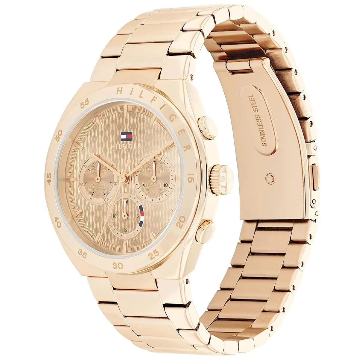 Tommy Hilfiger 1782577 watch showing rose gold stainless steel bracelet and side profile