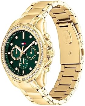 Side angle view of gold chronograph watch with green dial and bracelet