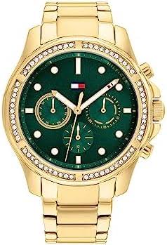 Gold-plated chronograph watch with dark green dial and diamond bezel