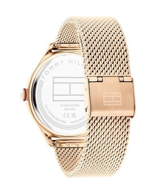 Side and caseback view of Tommy Hilfiger watch showing golden mesh strap and case details