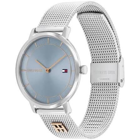 Tommy Hilfiger watch three-quarter view showing mesh strap and tea blue face