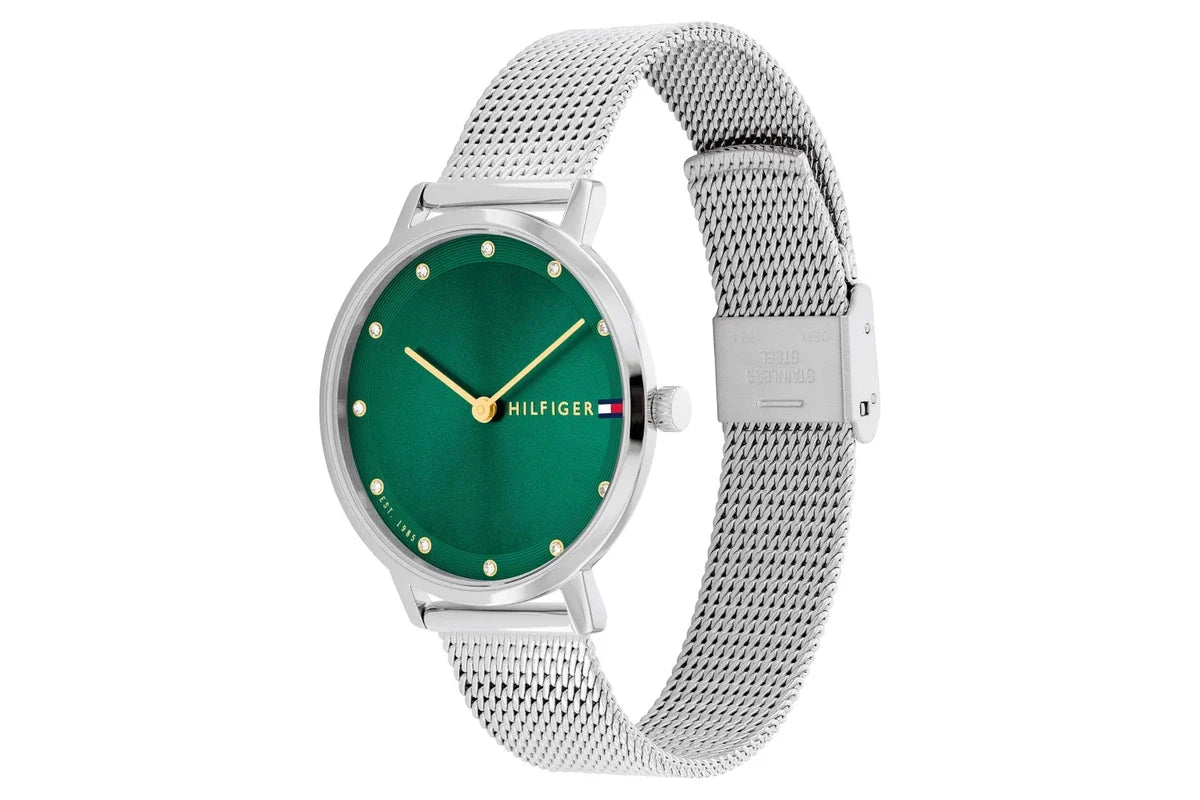 Tommy Hilfiger Silver Steel Mesh Green Dial Women's Watch - 1782762