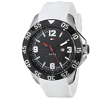 Three-quarter view of Tommy Hilfiger 1790986 watch with white strap and black dial