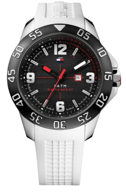 Tommy Hilfiger 46mm watch with black dial, white silicone strap and rotating bezel