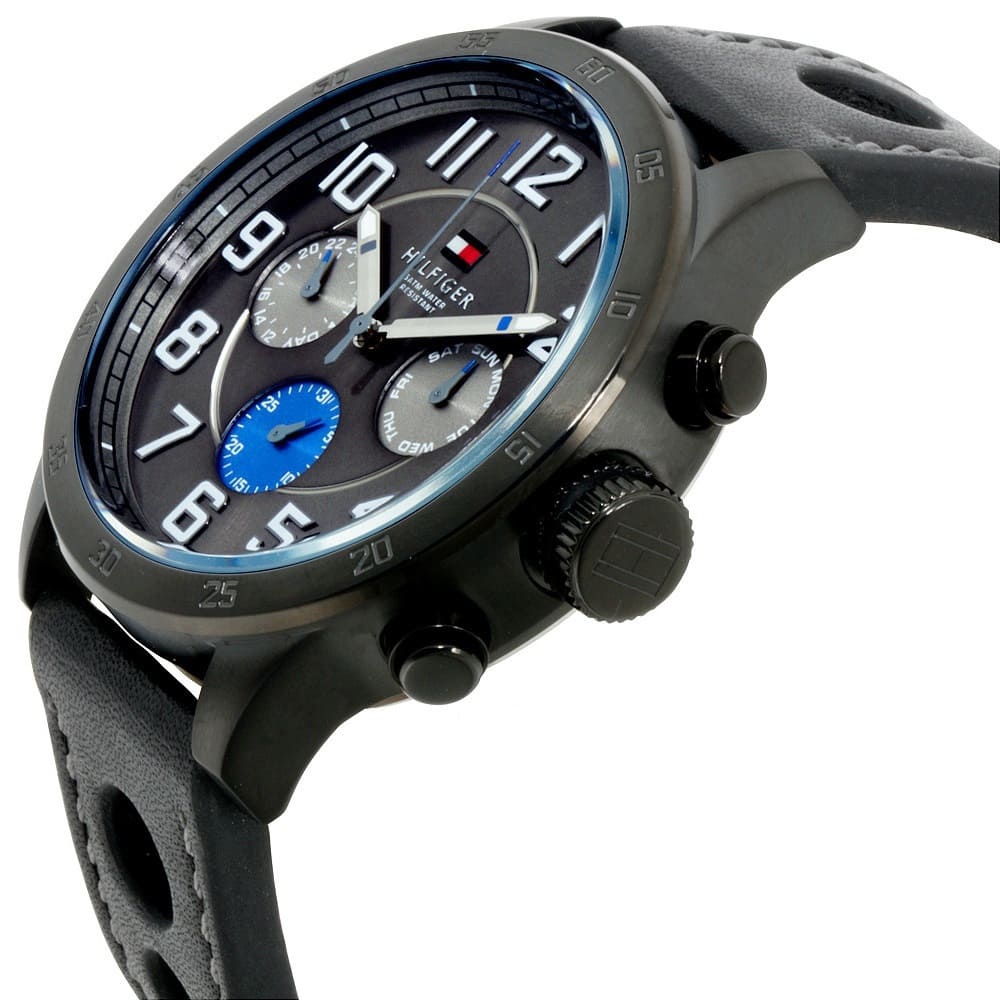 Side angle view of Tommy Hilfiger chronograph watch with grey dial and blue subdial