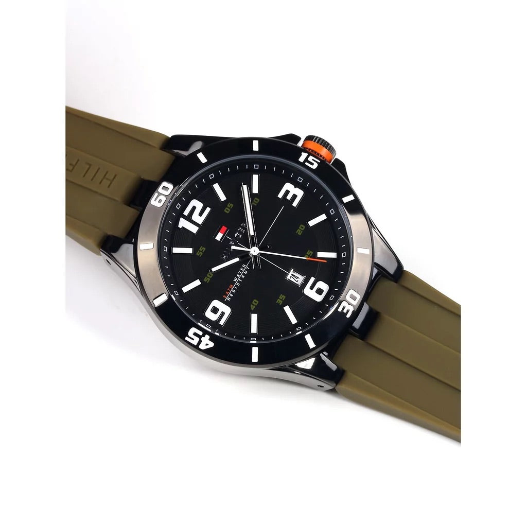 Tommy Hilfiger 1791065 watch angled view with black case and olive green strap