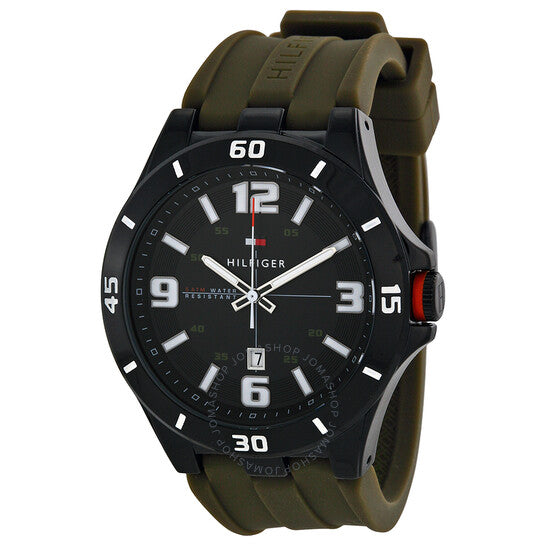 Tommy Hilfiger Drew watch at angle showing black dial and green rubber strap