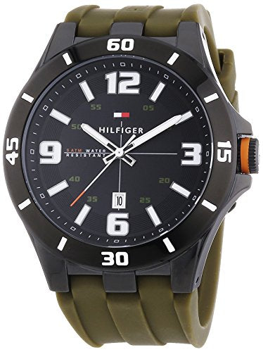 Tommy Hilfiger men's watch front view with applied indices and olive green strap