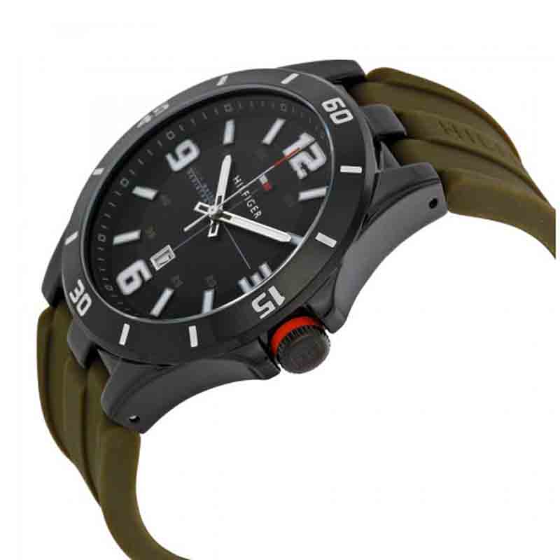Tommy Hilfiger watch side profile showing case and green rubber strap