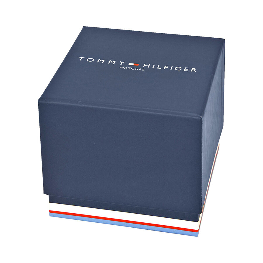 Tommy Hilfiger watch packaging in navy blue box with brand logo and tri-color stripe detail