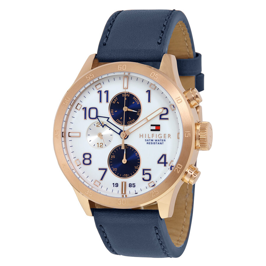 Tommy Hilfiger multi-function chronograph watch with white dial, rose gold-tone case, and blue leather strap