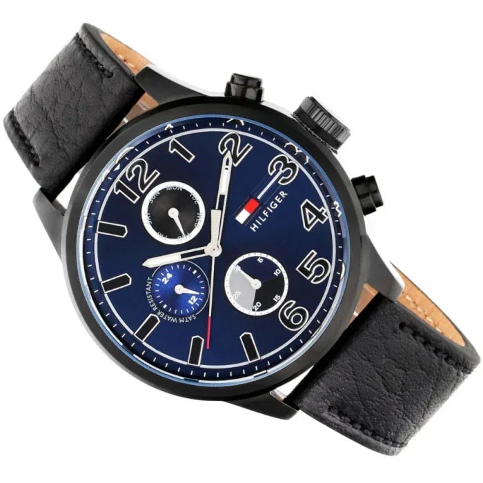 Tommy Hilfiger 1791241 multifunction watch at angle showing blue dial and black leather strap