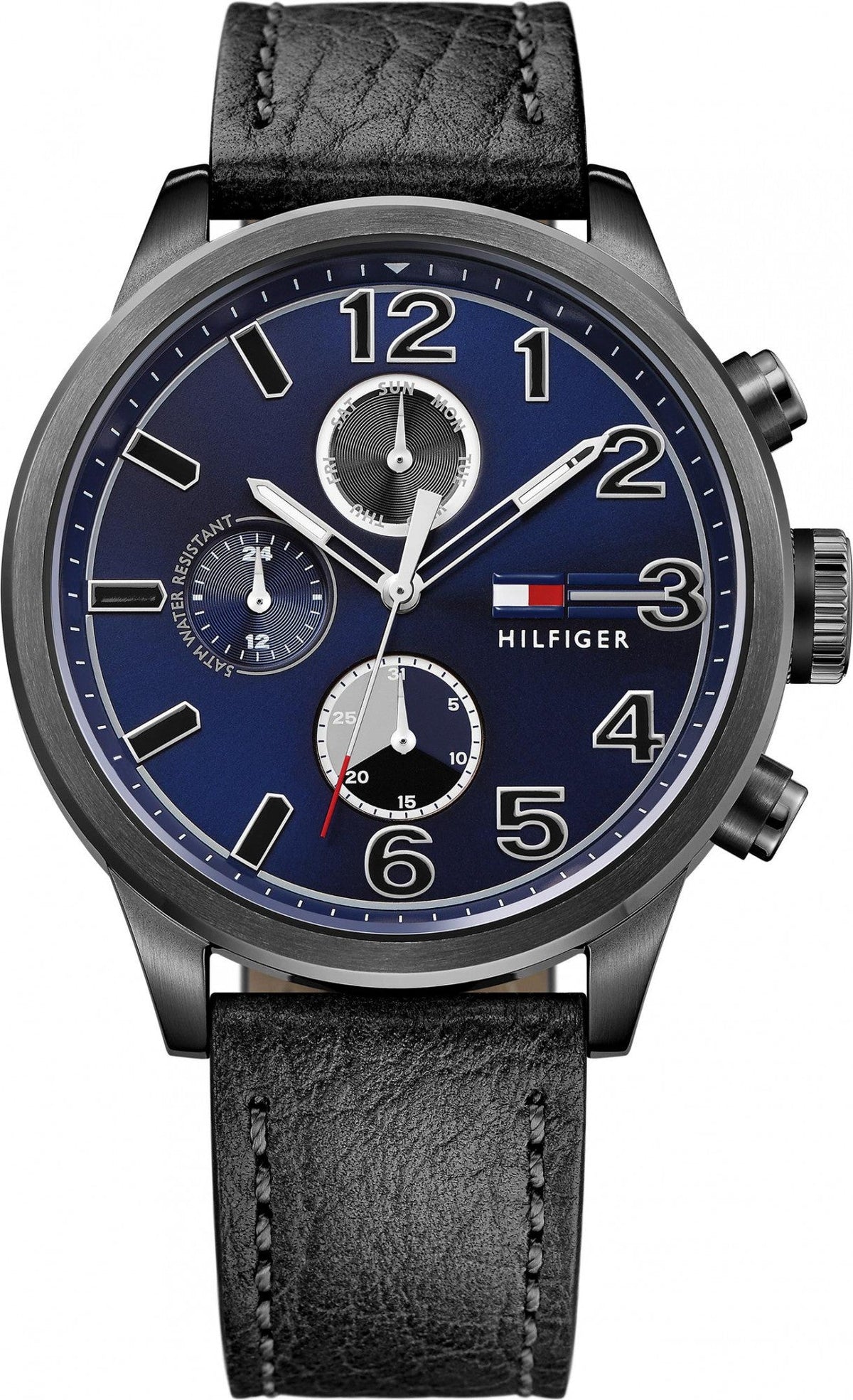 Tommy Hilfiger 1791241 men's watch with blue dial and black leather strap front view