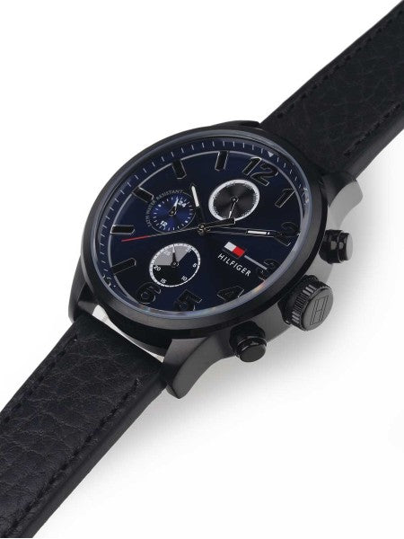 Tommy Hilfiger 1791241 watch side view with chronograph pushers and black leather strap