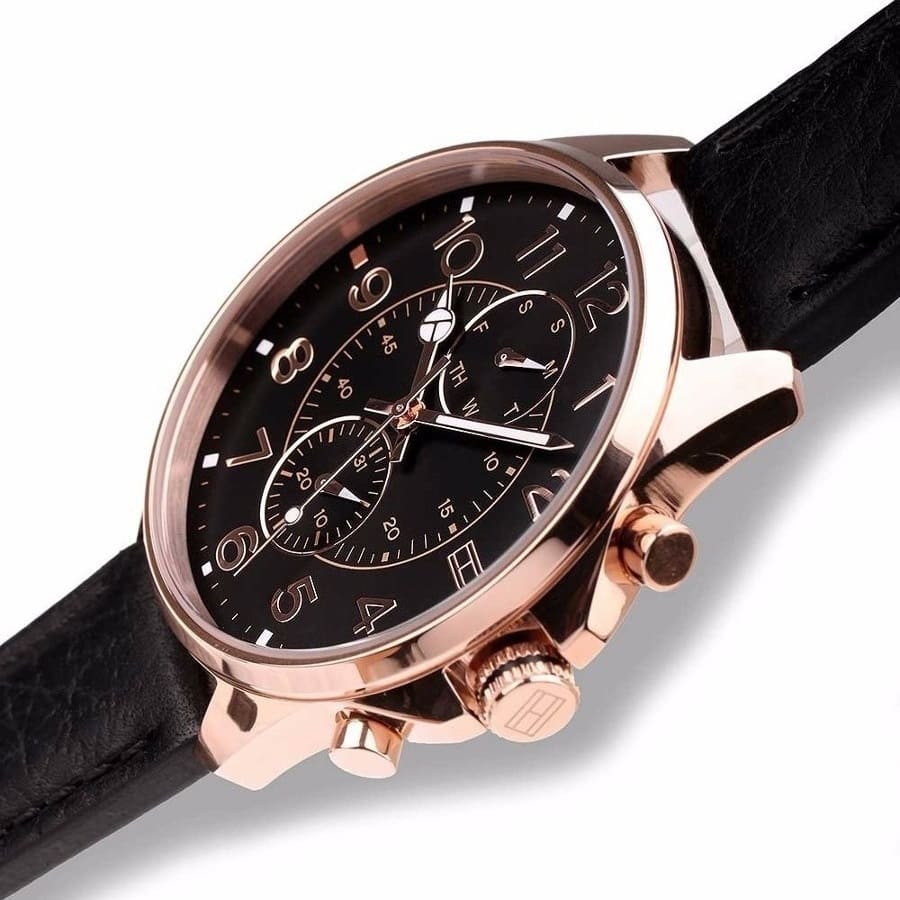Tommy Hilfiger 1791273 chronograph dial detail with chronograph subdials and rose gold hour markers