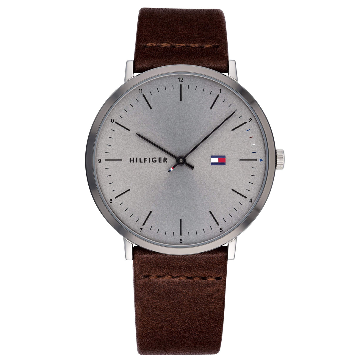 Tommy Hilfiger men's casual leather watch with gray dial and brown leather strap