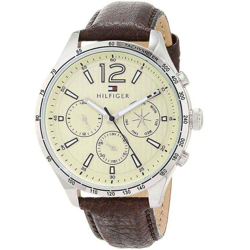 Tommy Hilfiger chronograph watch angled view showing cream dial with three subdials