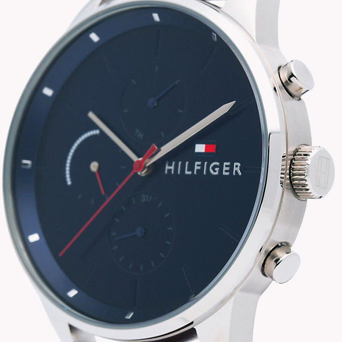 Side angle view of Tommy Hilfiger 1791487 chronograph watch with silver case and crown