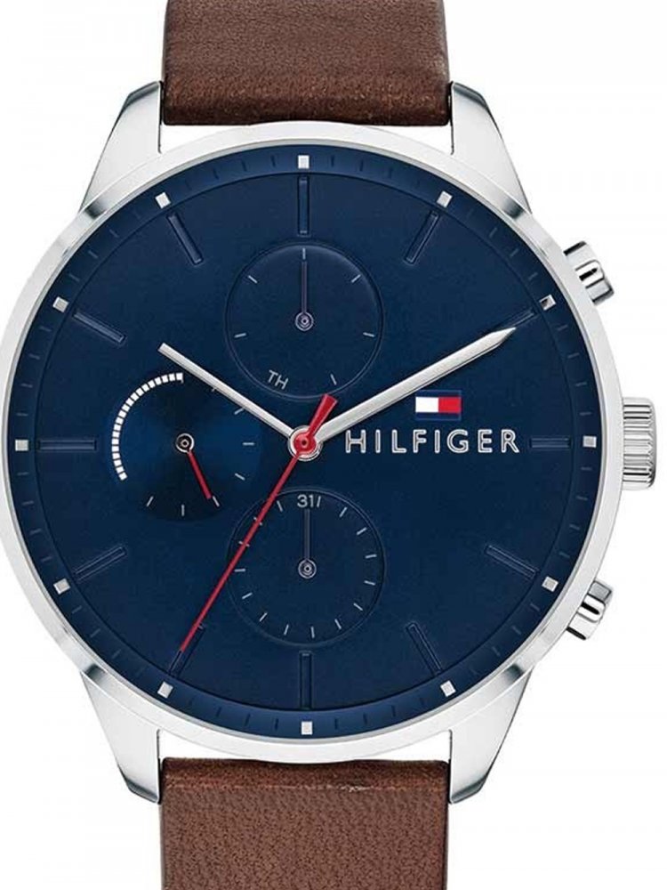 Tommy Hilfiger 1791487 watch front view showing chronograph subdials and brown leather strap