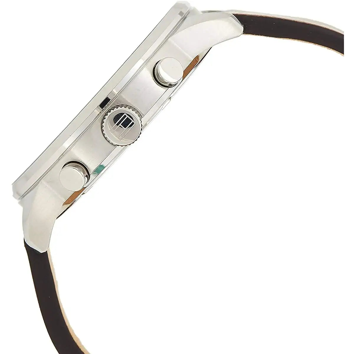 Side profile of Tommy Hilfiger 1791487 watch showing silver case thickness and brown strap