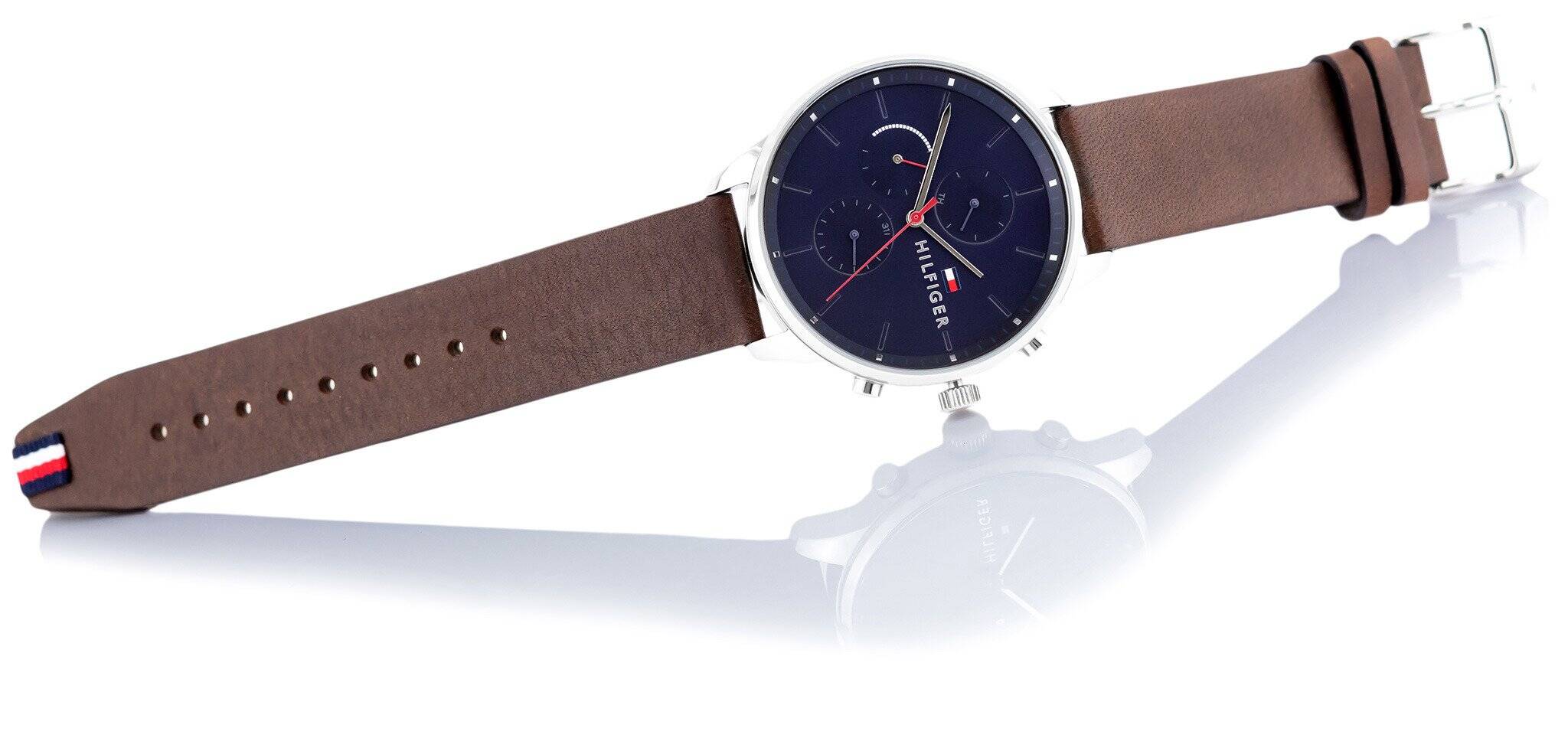 Brown silicone strap of Tommy Hilfiger 1791487 watch with visible stitching and adjustment holes