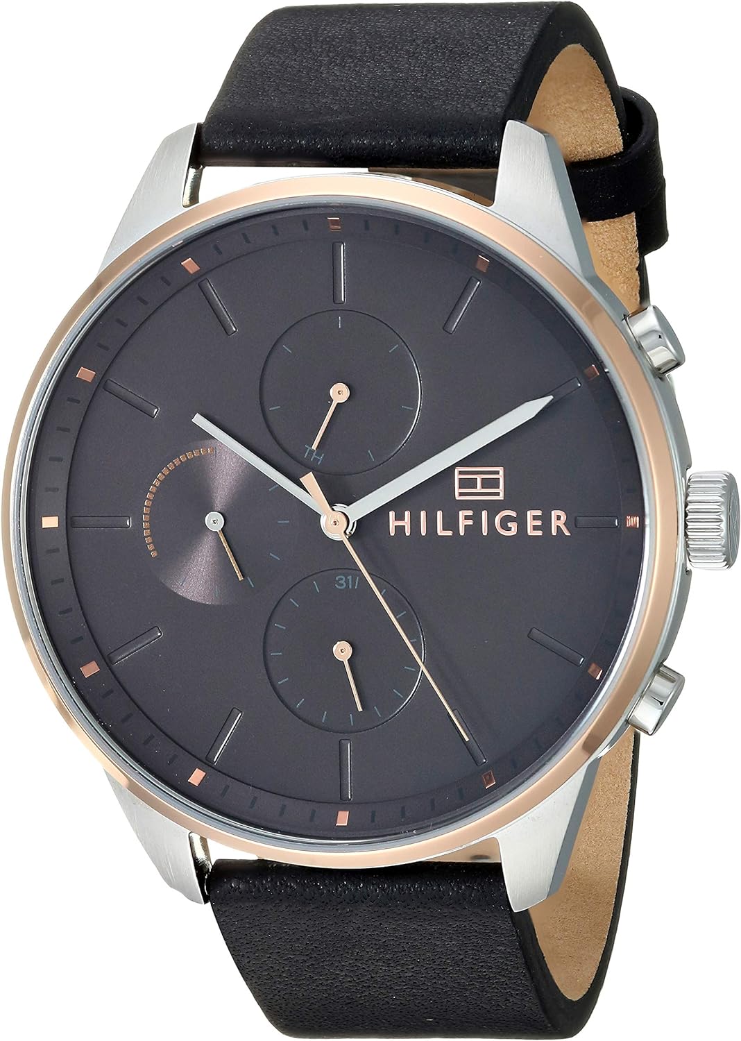 Tommy Hilfiger chronograph watch angled view showing dial with subdials and silicone strap detail