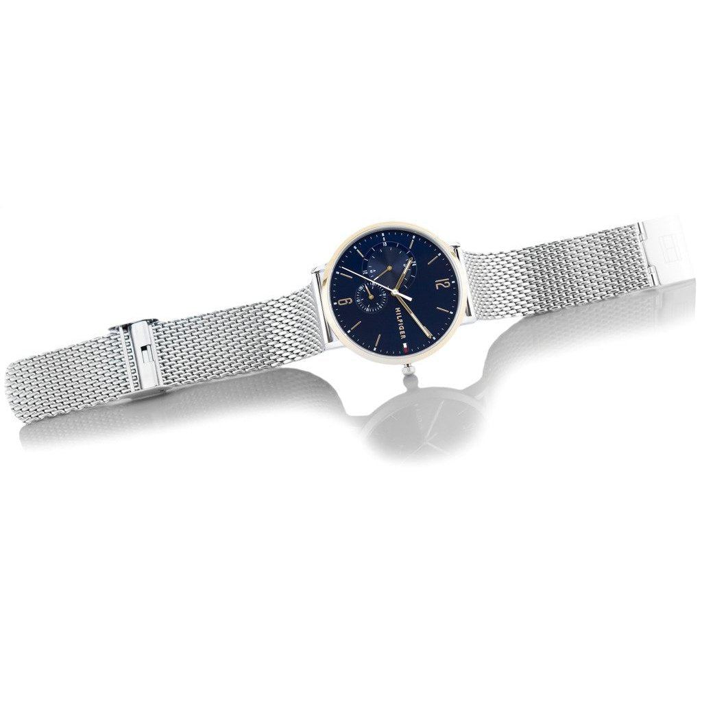 Tommy Hilfiger 1791505 watch side view with silver mesh strap and blue dial